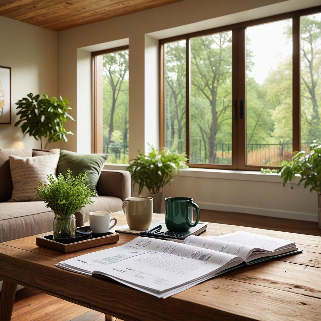 A cozy and stylish living room with a large window showcasing a suburban view, symbolizing home ownership. Include financial documents scattered on a wooden table alongside a calculator and a coffee mug. Soft, warm lighting creates an inviting atmosphere, with charts of mortgage rates subtly woven into the background. Add green plants for a touch of freshness and comfort. super-realistic. vibrant colors. warm tones.