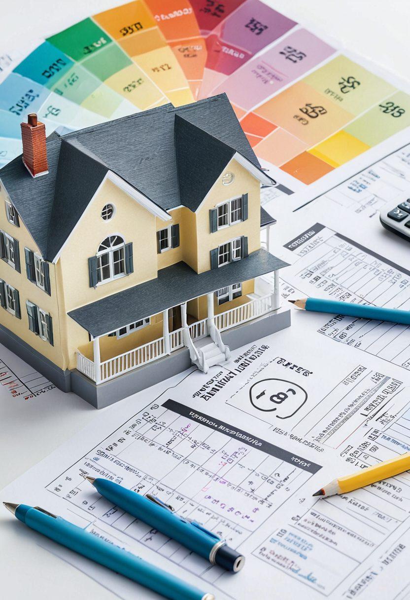 A visually engaging collage illustrating various home financing options, featuring a calculator, mortgage documents, and a house in a split view showing different financing paths. In the background, a rich graph chart visually compares interest rates and loan types with bright, inviting colors. The image embodies a blend of financial concepts and real estate imagery, aimed at making complex information accessible and appealing. super-realistic. vibrant colors. white background.